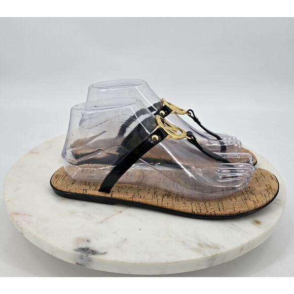 Michael Kors Black Patent Jelly Thong Sandals with Gold Logo - Picture 1 of 6
